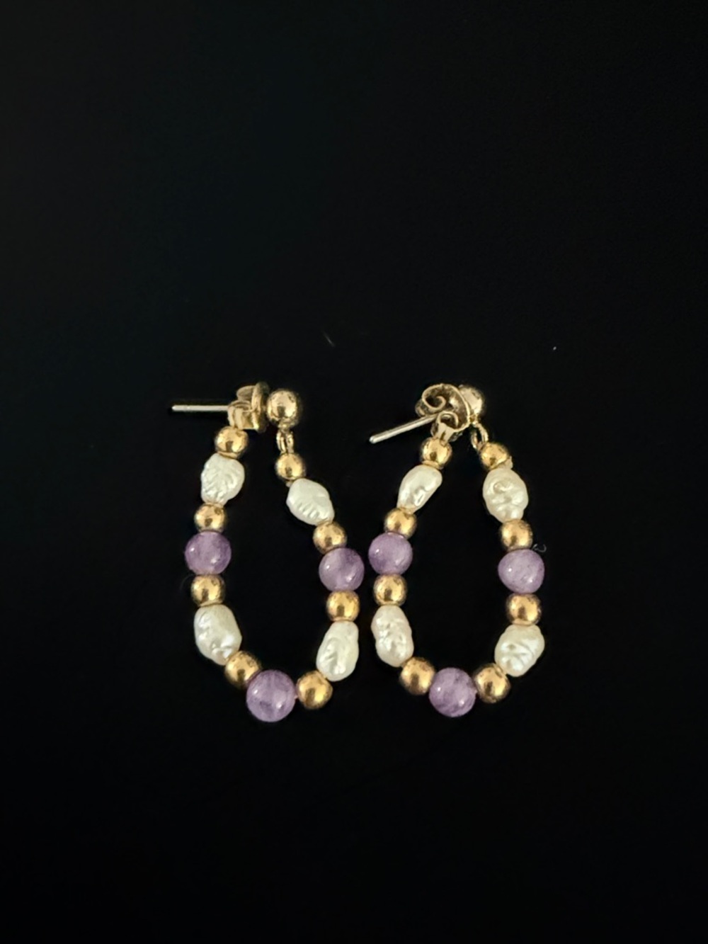Gold and Lavender Beaded Hoop Earrings - Women Jewelry